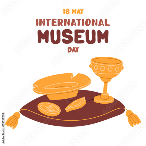 International Museum Day on May 18. Gold jug, plate, coins on a pillow with tassels. Flat color illustration for use in posters, articles, and social media related to science and history. Square