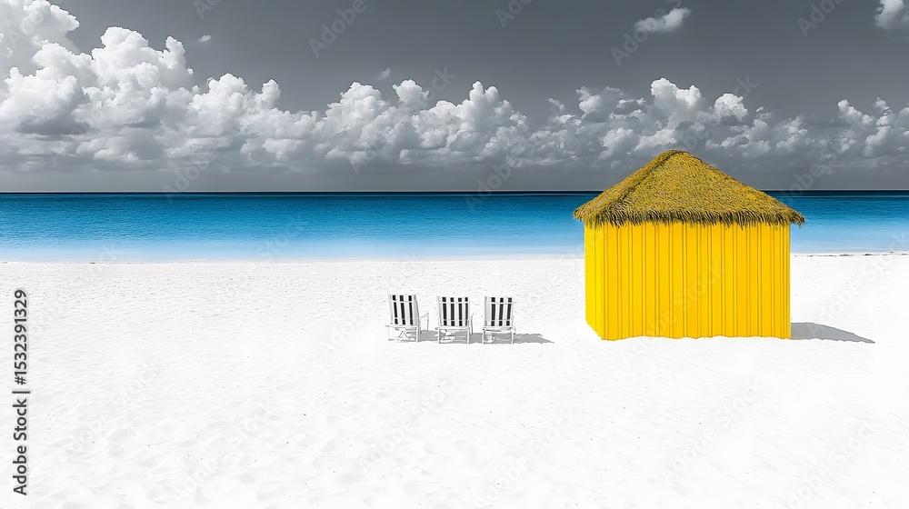 Naklejka premium Tropical Beach Scene, Yellow Beach Hut and Chairs on White Sand