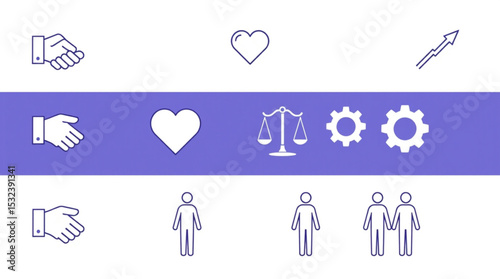Icons depicting business, love, justice, and relationships on a purple and white background design created with generated ai