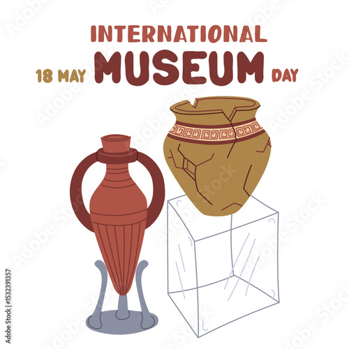 International Museum Day on May 18. broken jug with Greek ornaments on glass cube, vase on stand. Flat color illustration for use in posters, articles, and social media related to science and history