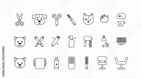 Collection of outline icons related to pet grooming services and tools for dogs and cats in a line art style created with generated ai