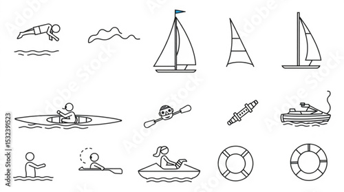 Illustration showing various water activities including swimming, sailing, kayaking and jet skiing created with generated ai