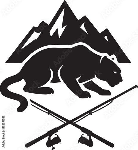 Mountain Lion Silhouette with Mountain Peaks and Crossed Fishing Rods – Outdoor Wildlife and Fishing Logo Design

