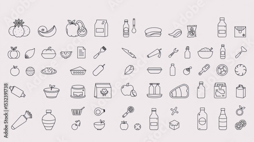Collection of outline icons depicting food items, kitchen tools and various grocery store products created with generated ai