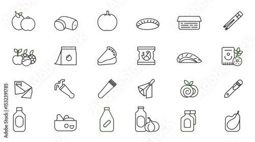 Illustration of various food items and containers including fruits, vegetables, and packaged goods displayed created with generated ai