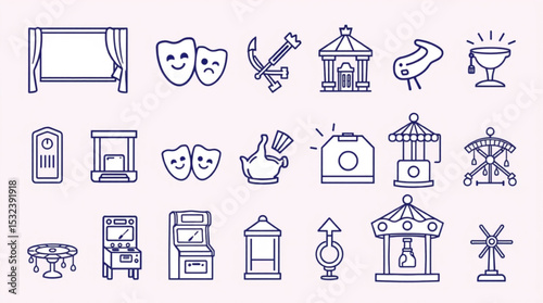 Illustration of various entertainment and amusement icons including games and theater elements drawn in line art created with generated ai