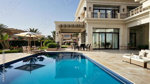 Wallpaper Mural A beautifully designed villa featuring an inviting pool, cozy seating, and vibrant landscaping creates an ideal relaxing getaway Torontodigital.ca