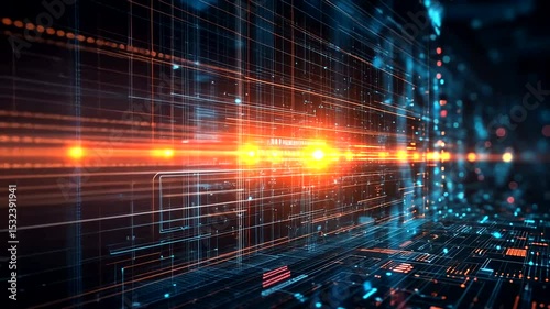 Wallpaper Mural Abstract technological digital data transfer with orange and blue light effects Torontodigital.ca