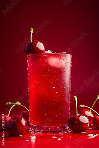 Cherry juice with cherries on a red background