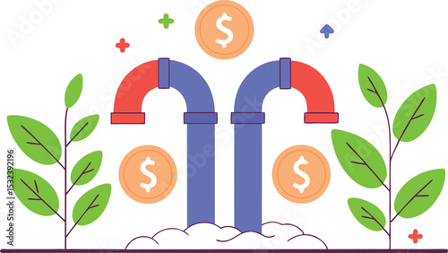 Curved pipe-like tubes guiding dollar signs, coins, and subscriptions toward a central hub