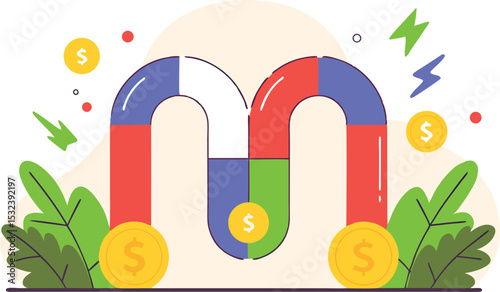 Curved pipe-like tubes guiding dollar signs, coins, and subscriptions toward a central hub