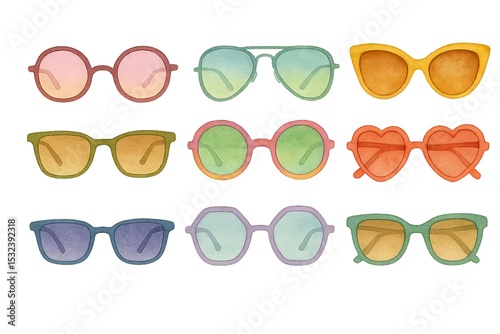 Png watercolor summer sunglasses set isolated on white background. concept of stylish eyewear, fashion accessories, colorful shades, summer essentials. illustration for art and design.