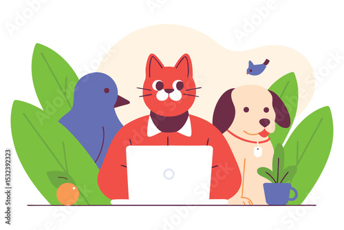 Cute pet mascots (cat = focus, dog = collaboration, bird = creativity) in soft vector style doing “office work.”