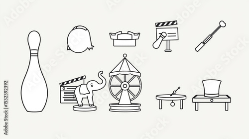 Outline drawing featuring circus and entertainment elements including bowling pin and elephant toy item created with generated ai