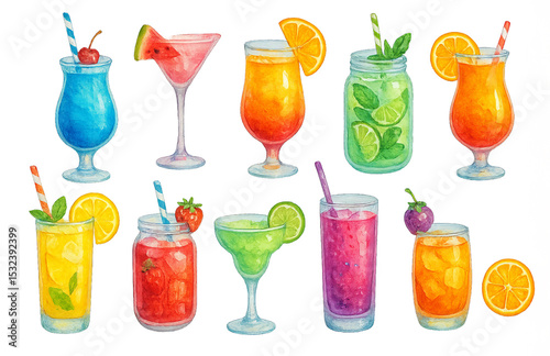 Png set of watercolor summer drinks with fruits and ice isolated on white background. concept of tropical beverages, party elements, exotic refreshing cocktails clip art