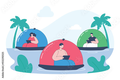 Little floating island desks, each with a unique worker doing Zoom calls, tasks, or coffee breaks