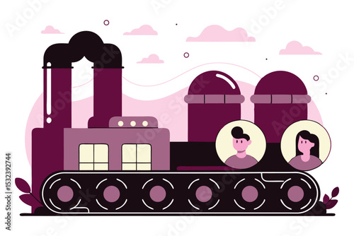 Pipe-like conveyor belts processing cartoon client logos into contracts and coins