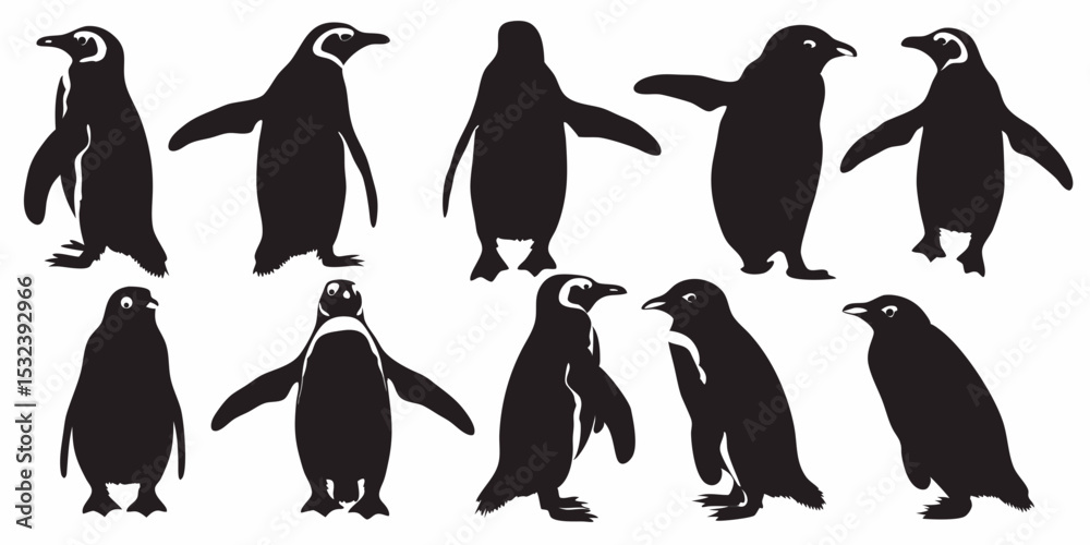 Naklejka premium Collection of ten penguin silhouettes in various poses against a white background image art drawing vector design