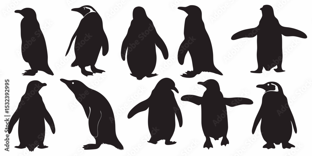 Obraz premium A collection of penguin silhouettes in various poses against a white background display image vector design