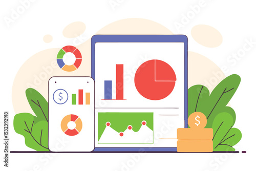 Round dashboard panels like soft UI widgets showing graphs, pie charts, and currency icons