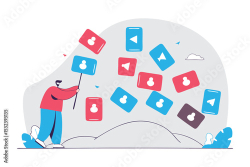 Rounded popups and alerts playfully tumbling down a hill, some being caught by avatars with nets.