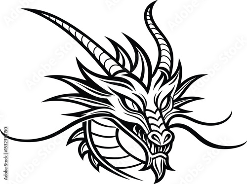 Stylized dragon head black and white illustration