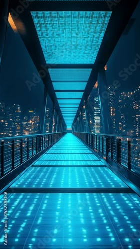 Futuristic illuminated bridge glowing with blue LED lights at night, stretching into a high-tech city skyline—blending digital aesthetics with modern architecture and smart infrastructure.