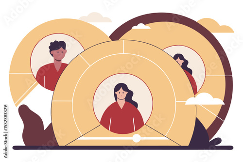 Rounded tunnel-like archways with one avatar passing a bubble-task to the next, symbolizing workflow.