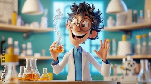 Cartoon scientist gleefully waves, holding bubbling flask in a bright lab