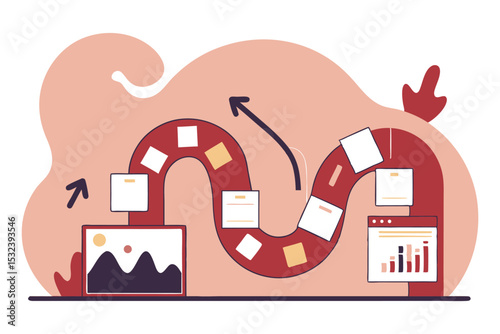 Soft-edge paper documents and charts zooming along a curvy timeline