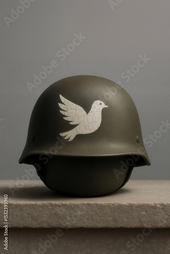 Military helmet with peace dove symbol on neutral background
