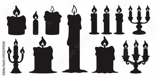 Collection of various black candle silhouettes and candelabras with burning flames on a white backdrop vector design