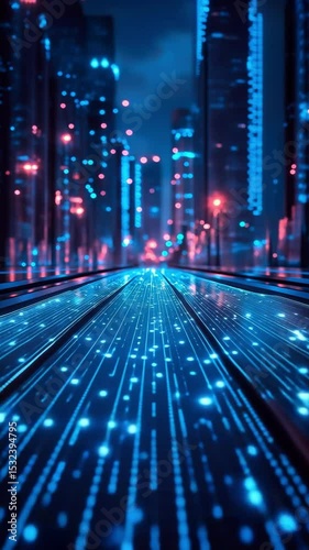 Futuristic cyberpunk city street glowing with digital blue LED lights, resembling a data stream flowing through a high-tech metropolis at night, merging energy, tech, and urban design.