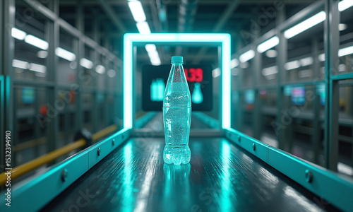 Bottle travels beneath glowing archway for inspection in smart production hall.