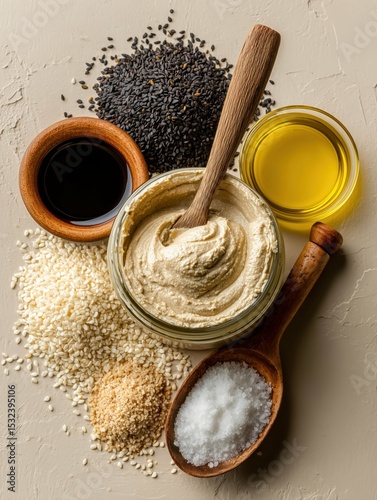 Overhead shot of tahini in a jar with sesame seeds oil salt and other ingredients on a beige surface