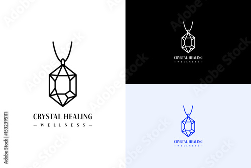 faceted crystal pendant hanging illustration, icon, vector logo for energy healing, meditation, spiritual, herbal healing, crystal healing wellness, natural, fitness, aura, and more