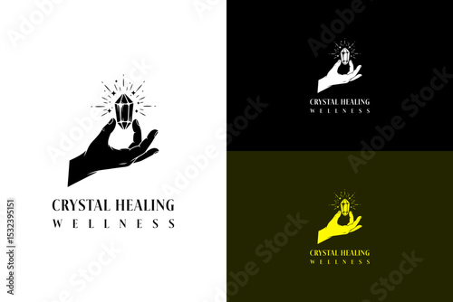 illustration of hand gently holding a single faceted crystal, vector logo for spiritual, crystal healing wellness, herbal healing, natural, energy, aura, health, fitness, and more