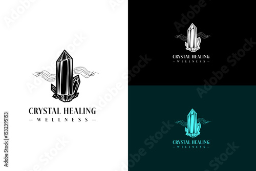 vector illustration of large standing amethyst crystal with calms waves, logo for calming, aura, herbal healing, meditation, spiritual, crystal healing wellness, natural healing, and more