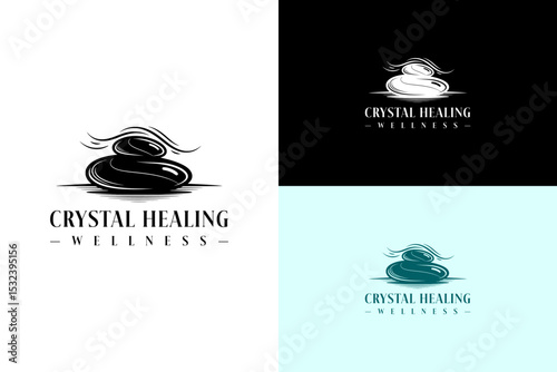 illustration of palm stones placed on a flat surface, vector logo for crystal healing wellness, herbal healing, natural, meditation, health, spiritual, energy healing, aura, and more