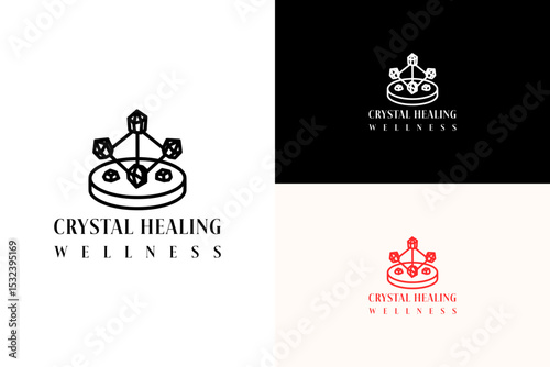crystal grid on a round base with six crystals vector illustration, logo for aura, energy, spiritual, meditation, crystal healing wellness, health, wellness, natural healing, and more