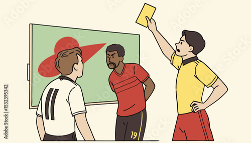 Soccer Football Championship Match: Referee Sees Foul, Gives Signal and Yellow Card, Players Circle him Upset. International Tournament. Sport Broadcast Channel Television Concept        