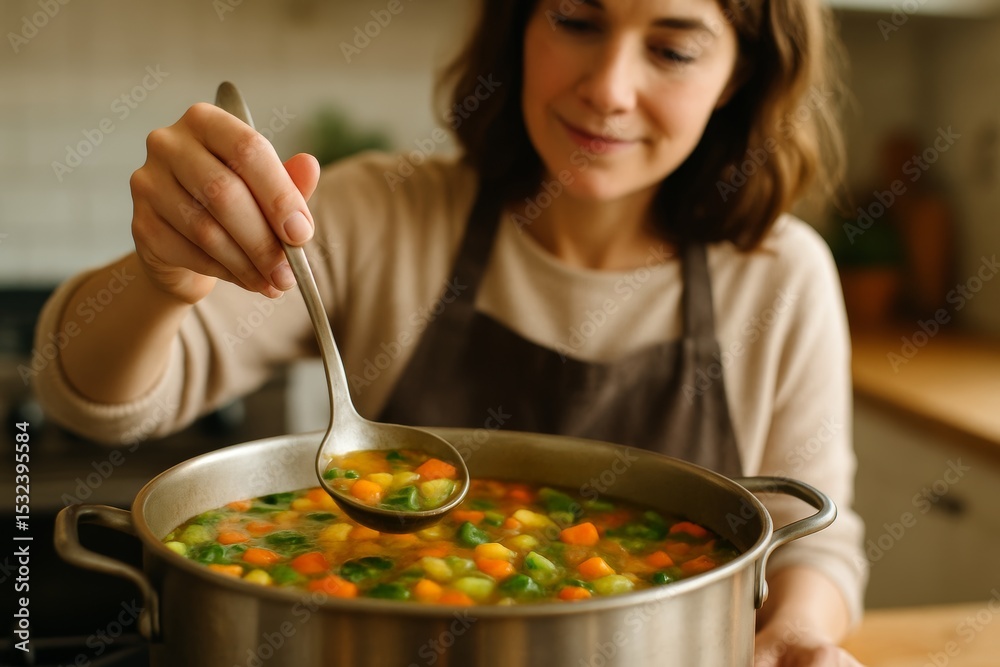 Woman cooking fresh vegetable soup in kitchen with ladle Woman cooking fresh vegetable soup in kitchen with ladle