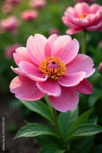 Delicate pink peony Varenka blossoms in a vibrant spring garden , garden, pastel, outdoor