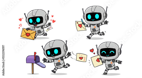 Cute robot delivering love letters isolated PNG with Transparent Background