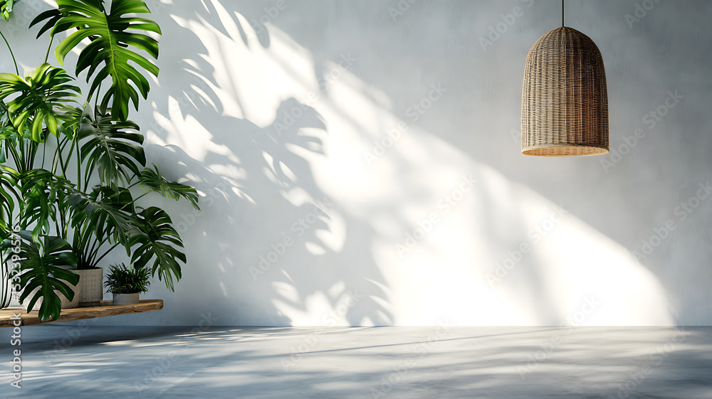 Obraz premium Minimalist interior design with monstera plants and natural shadows casting on white wall