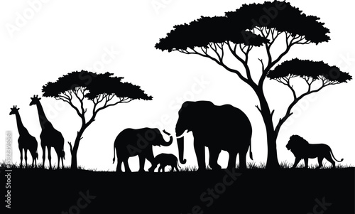 African wildlife silhouette scene with elephants, giraffes, lion and savanna trees, perfect for jungle nature, safari and forest design