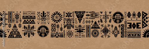 Native American vintage texture with ancient doodle symbols. Aztec Mexican and indian art border. Seamless ethnic tribal pattern.Tribal Drawing Geometric Navajo Abstract Wallpaper Art Print Textile.