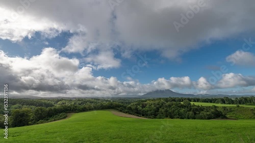北海道の豊かな森の奥にそびえる尻別岳と草原と雲のある風景