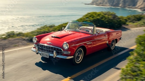 Red Classic Convertible Driving Along Scenic Seaside Road Under Bright Sunlight