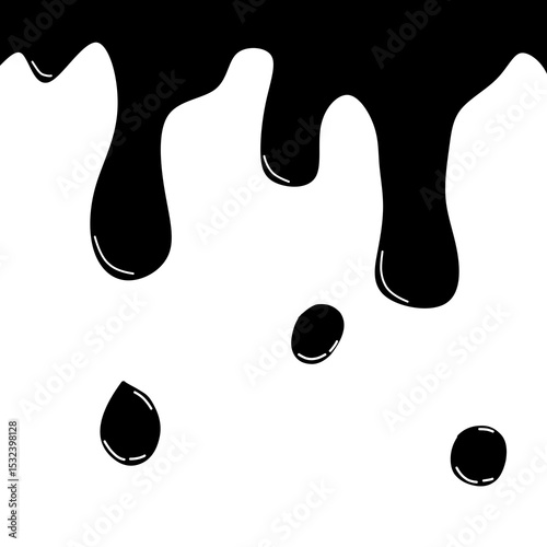 Minimalist black dripping liquid or paint vector illustration. High contrast abstract design element with smooth dripping shapes and drops. Perfect for graphic design, posters, packaging, backgrounds